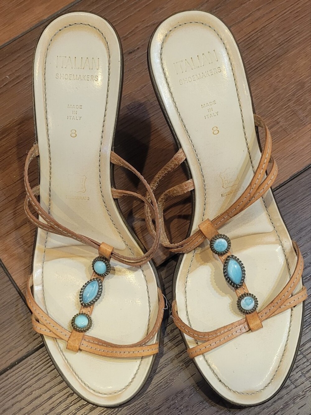 Italian Shoemakers Tan Leather Sandals with Turquoise Accents